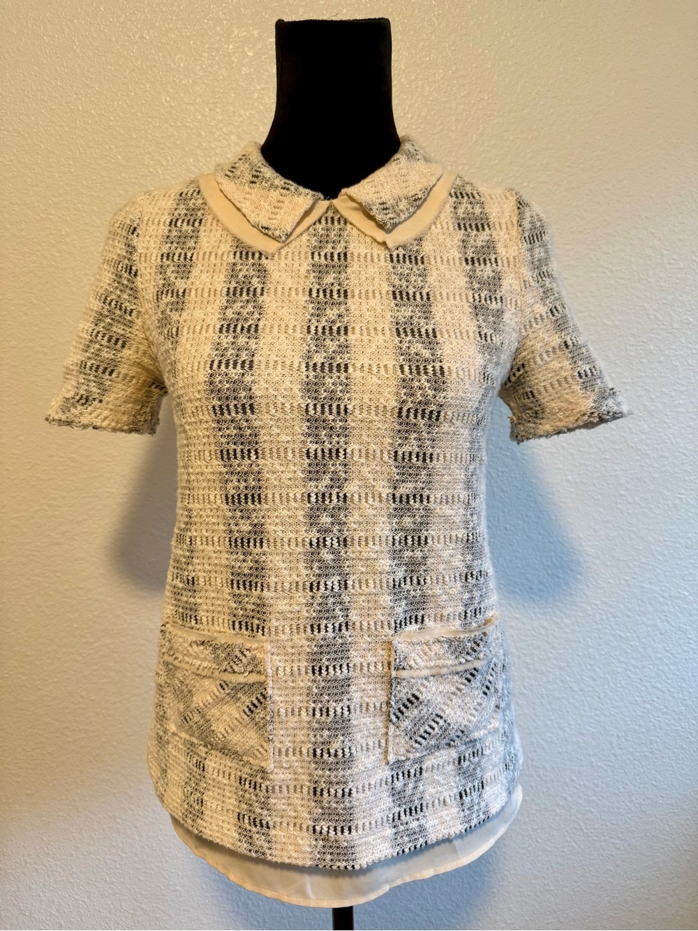 9-H15 STCL Textured Knit Top Peter Pan Collar Cream Bouclé Short Sleeve Blouse